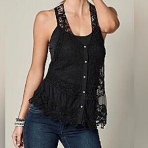 Venus Black Crochet Lace Top Vest Pearl Buttons XL NWOT